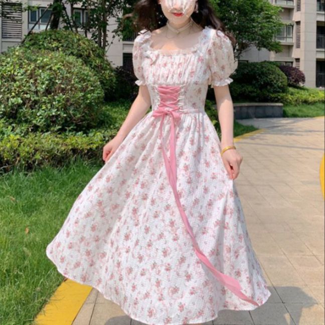 Kukombo Vintage Sweet Lace Up Lolita Dress Women Aesthetic Pink Floral Print Square Collar Bandage Fairy Dresses One Piece Dress Korean