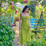 Kukombo Spring Green Floral Dress Party Beach Bodycon Pencil Dress Female Vintage Women Sundress Sleeveless Pleated Vestido Maxi Dress