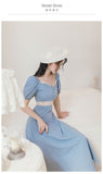 Kukombo French Puff Sleeve Court Style Cream Blue Princess Dress Women Summer Short Sleeve Fairy Dresses Retro Ladies Elegant Midi Dress