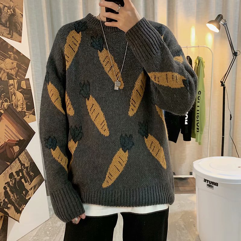 Thanksgiving Gift Knitted Sweater Women Carrot Pattern Long-Sleeved Pullover Loose O-Neck White Gray Sweater 2022 Autumn Winter Men And Women