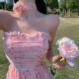 Kukombo Casual Floral Sexy Dress Women 2022 Summer Pink Sleeveless Patchwork Mini Dresses Female Elegant Party Holiday Slim Korean Dress