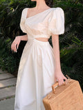 Kukombo Elegant Casual White Black Summer Dress for Women Vintage Hollow Out Party Birthday Midi Vestidos Female Fashion Chic Clothes