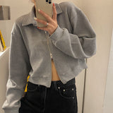 Kukombo  Korean Fashion Gray Zipper Sweatshirt Women Harajuku Oversized Long Sleeve Jacket Casual Tracksuit Female Crop Tops
