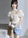 Kukombo New French Polka Dot Chiffon Shirts Women Square Neck Puff Sleeve Blouse Summer Bow Bangage Crop Tops Woman
