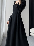 Kukombo Fashion Elegant Casual Midi Women Party Black Dress Business Vintage A-Line Slim Prom Vestidos Femme Clothes Robe New