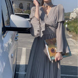 Kukombo  V Neck Flare Sleeve White Dress Fashion French Style Long Sleeve Dress for Women Elegant Chic Midi Vintage Dress