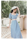 Kukombo French Puff Sleeve Court Style Cream Blue Princess Dress Women Summer Short Sleeve Fairy Dresses Retro Ladies Elegant Midi Dress