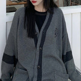 Thanksgiving Gift Korean Style Grey Solid Cardigan Sweater Women Preppy Fashion V-Neck Oversize Knitted Jumper Female Fall Streetwear Top
