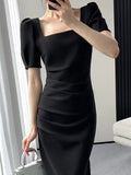 Kukombo Women Summer New Elegant Bodycon French Midi Dress Short Sleeve Slim Vintage Party Vestidos Femme Fashion Solid Clothes Robe