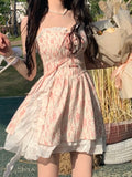 Kukombo  Sweet Fairy Floral Short Party Dress Women Beach Style Kawaii Clothing Lolita Y2k Mini Strap Dress Elegant Summer Korean
