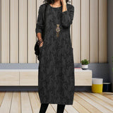 Kukombo Women Midi Dress for Women 2023 Vintage Print Long Sleeves Crew Neck Dress Spring Autumn Loose Double Pockets Dress Streetwear