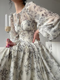 Kukombo French Elegant Floral Midi Dress Woman Evening Party 2023 Summer Beach Fairy Long Sleeve Sundress One Piece Dress Korean Fashion
