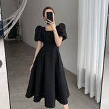 Kukombo French Vintage Elegant Loose White Dress Women Aesthetic Puff Sleeve Dresses Office Lady One Piece Dress Korean Fashion