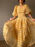 Kukombo Vintage Print Dress For Women 2023 Summer New French Elegant Evening Party Long Dress Retro Female Bubble Sleeved Clothes