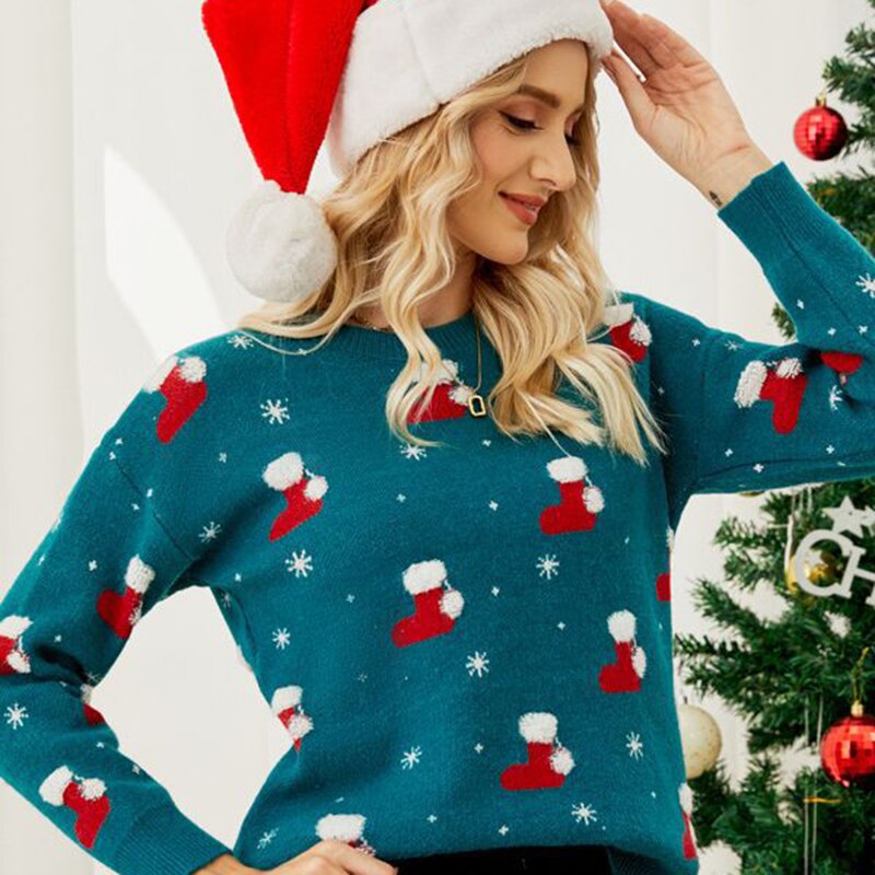 Thanksgiving Gift Autumn Winter Sweater Women's Pullover Sweater Long Sleeve Christmas Hat Round Neck Sweet Christmas Print Sweater Knit Jumper