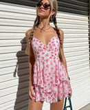 Kukombo Graduation Gift Big Sale Rose Flower Print V Neck Tiered Pink Mini Dress Chiffon Summer Backless Lace Up Hollow Out Beach Cute Dress Boho Vestidos