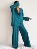 Kukombo Loose Sleepwear Female 2 Piece Set Oversized Satin Turn Down Collar Long Sleeve Tops Casual Women Sets With Pants