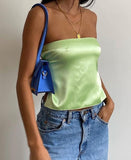 Kukombo 2023 Satin Backless Sexy Crop Top Women Green Y2K Summer Cami Bandage Sleeveless Strapless Tank Tops Off Shoulder