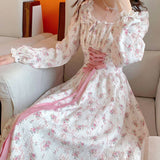 Kukombo Vintage Sweet Lace Up Lolita Dress Women Aesthetic Pink Floral Print Square Collar Bandage Fairy Dresses One Piece Dress Korean