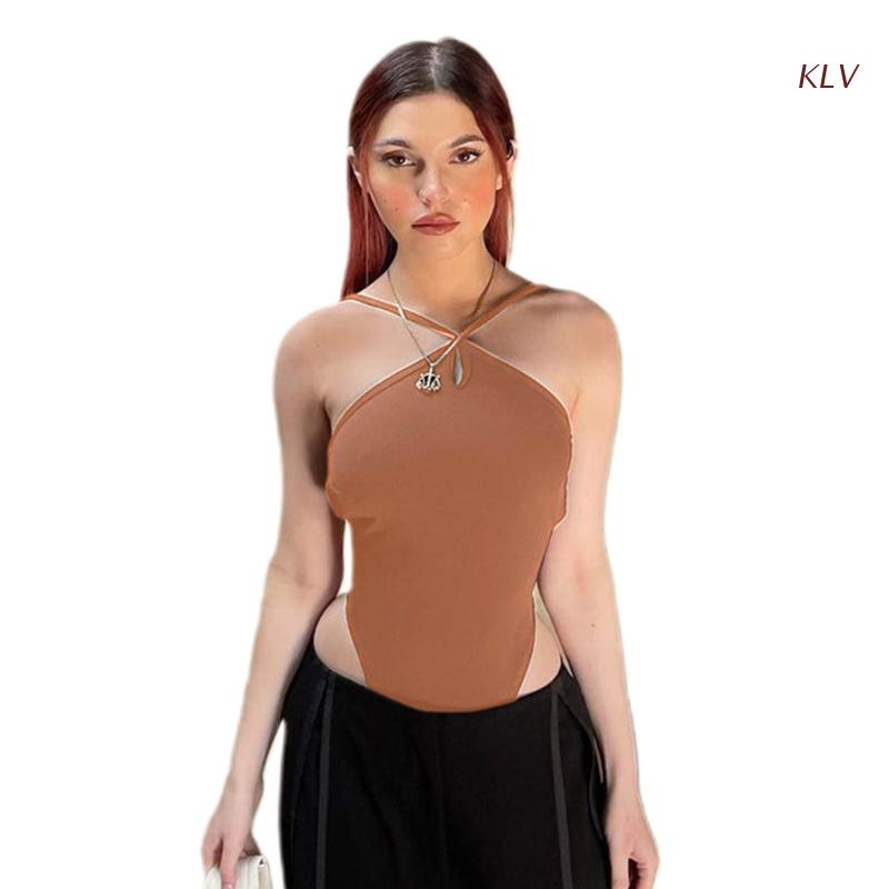 Kukombo Women Sleeveless Halter Strappy Cami Bodysuit Top Crisscross Backless Spaghetti Strap Solid Color Bodycon Jumpsuits