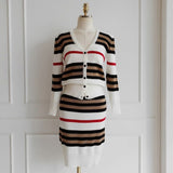 Graduation Gift Big Sale  New Autumn 2 Piece Suit Ladies Winter Knitting Striped Korea Long Sleeve V Neck Tops and Mini Skirt Sexy Set for Women Clothing