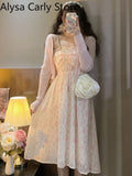 Kukombo Sweet Elegant Fairy Straps Dress Women Summer Vintage Party Midi Dresses Female Korean Fashion Bow Beach Backless Dress 2022 New