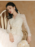 Kukombo Elegant Vintage 2 Piece Set Women Suits Korean Fahion Female Set Fairy Long Sleeve V-Neck Lace Blouse Tops+Mesh Skirt Outfits