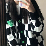 Thanksgiving Gift Korean Fashion Plaid Black Cardigan Women's Sweater Harajuku Oversize V-Neck Coat Female Japanese Fall Long Sleeve Top