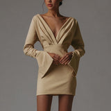 Cyber Monday Sales Autumn Sexy Solid Color Deep V Neck Blouses Slim Short Skirt Long Sleeve Mini Black Dress For Women Clothing Vestidos De Mujer