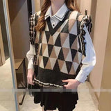 Kukombo Sweater Vests Women Preppy Clothes Design Loose College Girls Sleeveless Knitting V-Neck Vintage Simple Kawaii Sweater Clothes