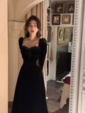Kukombo Autumn Slim Black Velvet Dress Casual Korean Fashion Elegant Midi Dress Woman Party Long Sleeve Vintage Lace Dress Design