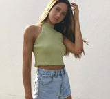 Kukombo Vintage High Neck Ribbed Knitted Tank Tops Female Summer Casual White Solid Stretch Crop Top for Women Clothing 2022 NEW