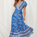 Kukombo Summer Vacation Holiday Dress Boho Green Printed Sashes Ruffles Bohemian Midi Dress V-Neck Irregular Short Sleeve Sundress