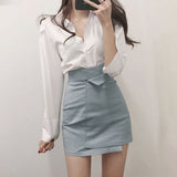Kukombo  Casual Women's White Irregular A-line Hip Skirt High Waist Slim Solid Short Above Knee Mini Skirt Trendy Sweet Preppy Style XL
