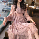 Kukombo Clothing Dresses Vestidos Print Korean Style Fashion New Long Sleeve Autumn Chiffon Pink Women
