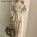 Kukombo New Elegant Apricot Dress For Women Clothing O-Neck 2022 Spring Lantern Sleeve Ruffles Dress Female Lace Up Loose Vestido