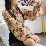 Kukombo Women's Spring Summer New Loose Floral Blouse Women's Sunscreen Turndown Collar Chiffon Clothing Korean Long-Sleeved Shirts