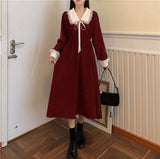 Kukombo Niggeey  Japanese Retro Pleated Dress Preppy Style Vintage Peter Pan Collar Lace Up Drawstring Casual Dresses Autamn Chic