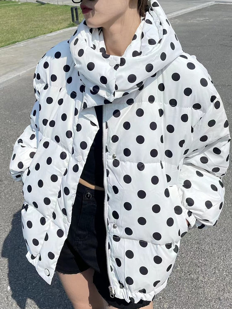 Black Friday Sales New Winter Women Vintage Polka Dot Thick Warm 90% White Duck Down Jacket Hooded Loose Female Down Coat Snow Outwear