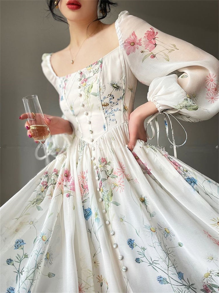 Kukombo Midi Print Dress Summer 2023 New Women Elegent Fashion French Retro Princess Fancy Party Prom Clothes Female Vestidos