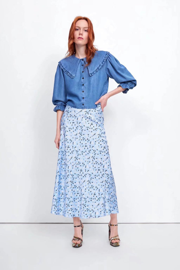 Kukombo Summer Women Solid Fashion Blue Denim Shirt Vintage Ruffled Long Sleeve Single-Breasted Lapel Female Short Blouse Chic Top