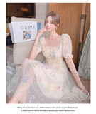 Kukombo Sweet Mesh Lace Fairy Dress Summer Woman Puff Sleeve Embroidery Floral Elegant Romantic Princess Dresses For Party Night Vestido