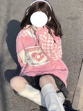 Cyber Monday Sales Korean Fashion Plaid Hoodies Women Harajuku Kawaii Zip Up Oversized Sweatshirts Pink Checkerboard Casual Tops Vintage