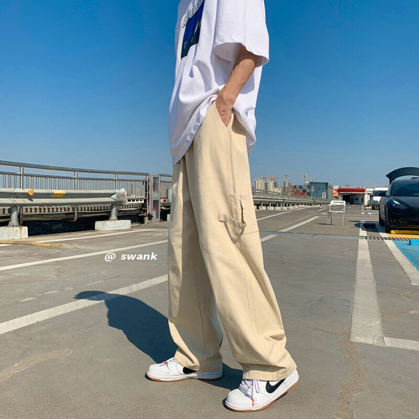 Kukombo Korean Fashion Men Baggy Cargo Pants Loose Straight Streetwear
