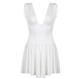 Kukombo Ruched Deep V Neck Sleeveless Mini Dress White Black Fairy Grunge Women Clothing 2023 Clubwear