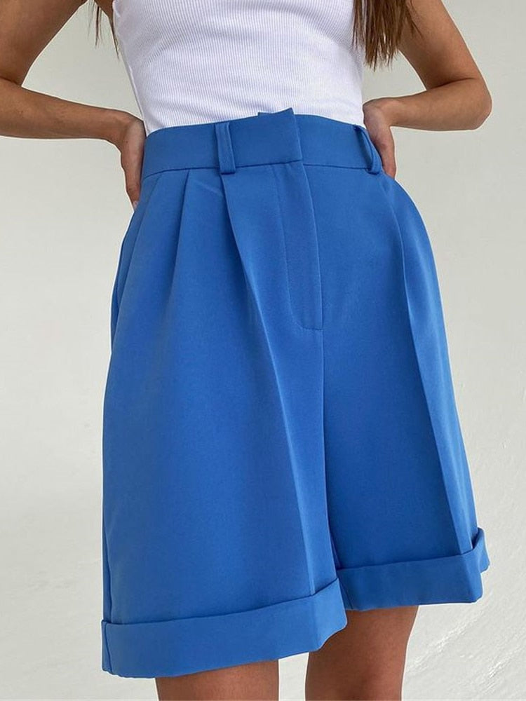 Kukombo Summer New Women's Suit Shorts Flanging Pocket Zipper Hidden Buckle Solid Color Temperament Casual Pants Straight Women's Shorts