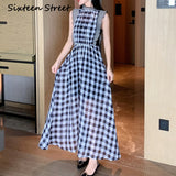 Kukombo New Arrive Chiffon Plaid Dress Female Sleeveless O-Neck Casual Street Outsize Long Dress Female Ruffle Sleeve Summer Vestido