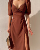 Kukombo High Split Elegant Women Short Sleeve Brown Midi Dresses 2023 Summer Party Evening Club Slim Black V Neck Dress