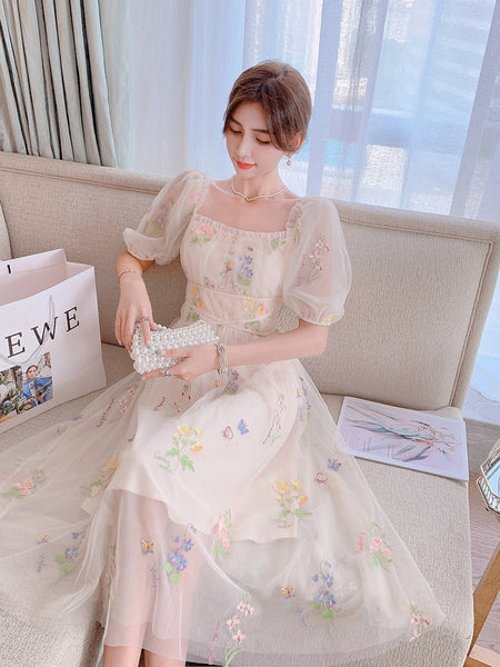 Kukombo Back to school outfit Chic Vintage Mesh Lace Fairy Dress Summe