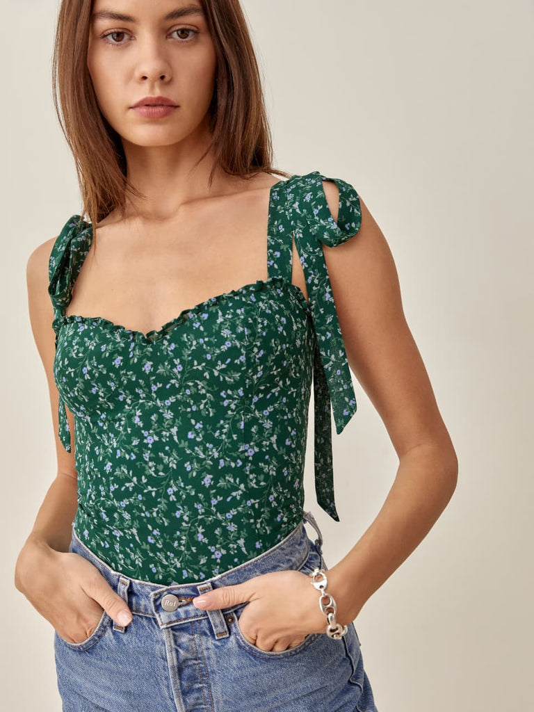Kukombo Summer Women Camisole French Style Floral Print Crop Top Folk Lace Up Green Elastic Tank Top